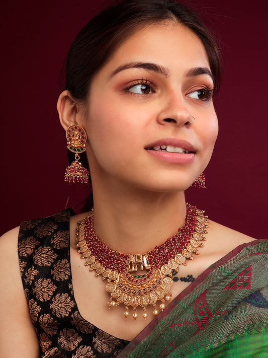 Unique Gold Plated Gajanan Red Hydra Beads Necklace Set