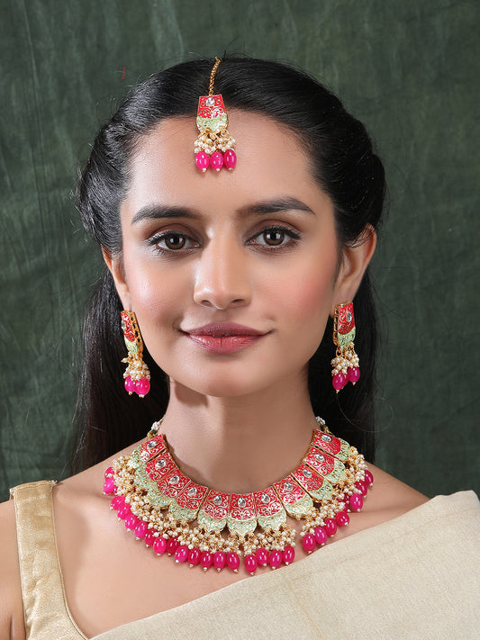 Precious Pink Kundan Meenakari Droplet Necklace Set
