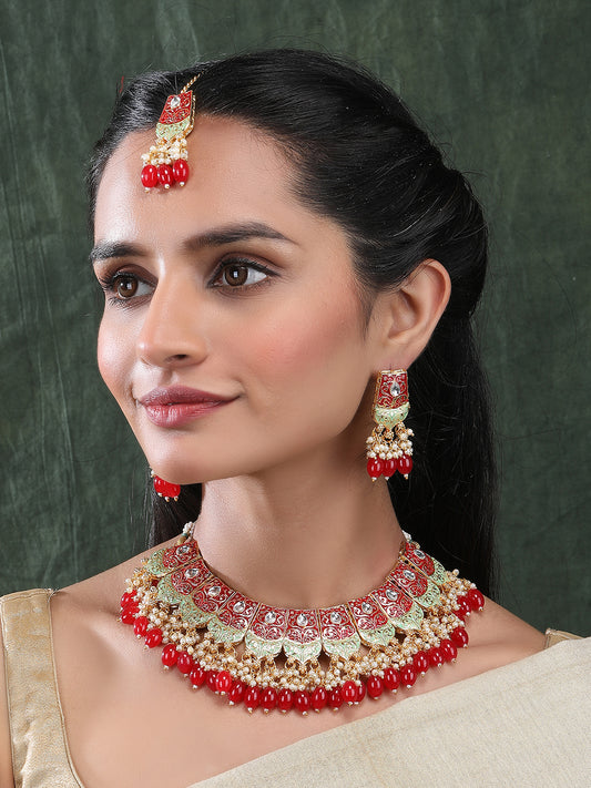 Ravishing Red Kundan Meenakari Droplet Necklace Set