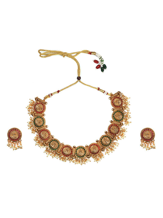 Exquisite Gold Plated Red Green Coin Necklace Set