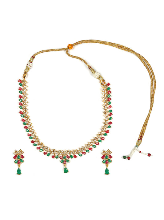 Magnificient Ruby-Green American Diamond Gold Plated Sleek Necklace | Shop Now!