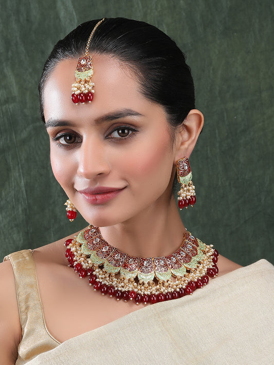 Magnificent Maroon Kundan Meenakari Droplet Necklace Set