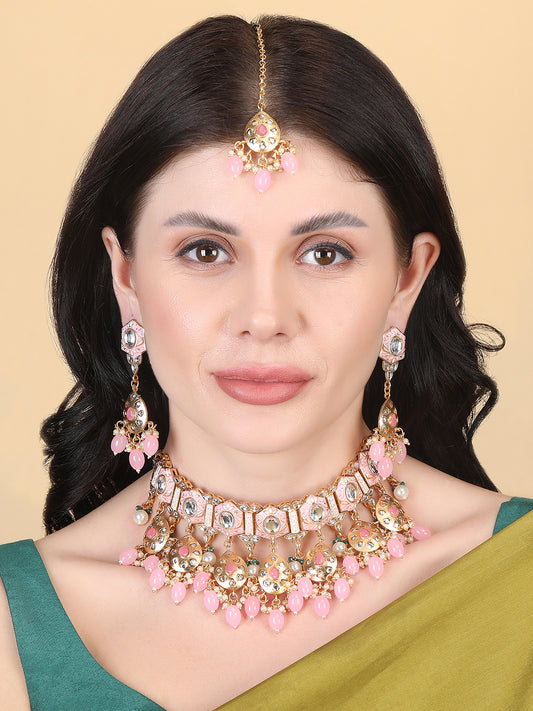 Enamel Coated Blush Pearls Beaded Kundan Choker Set