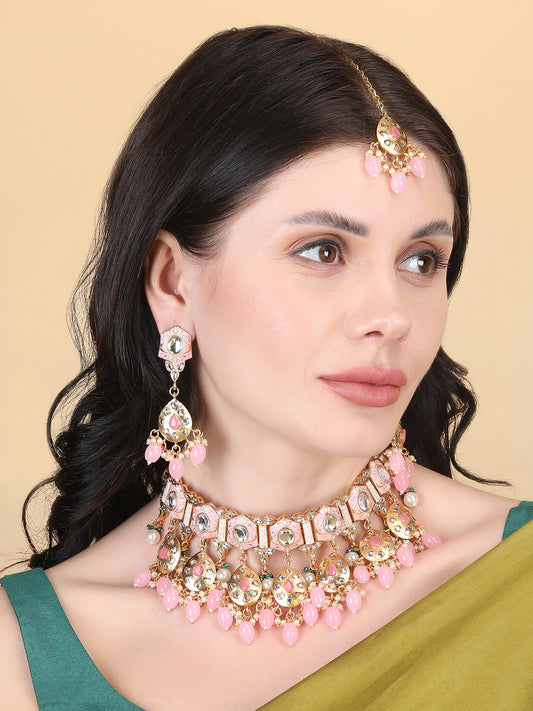 Enamel Coated Blush Pearls Beaded Kundan Choker Set