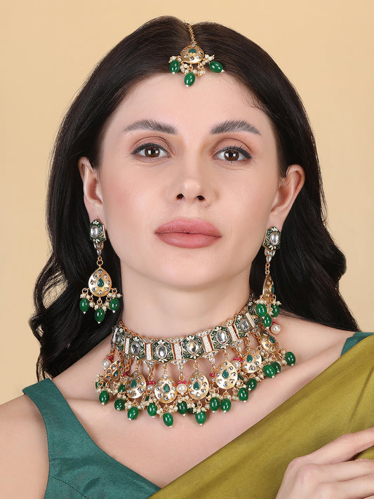 Enamel Coated Green Pearls Beaded Kundan Choker Set