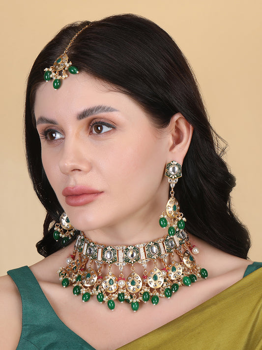 Enamel Coated Green Pearls Beaded Kundan Choker Set