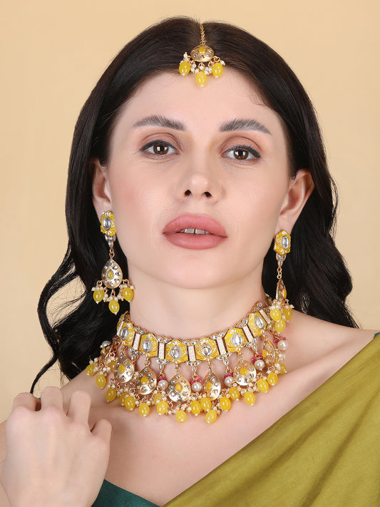 Enamel Coated Yellow Pearls Beaded Kundan Choker Set