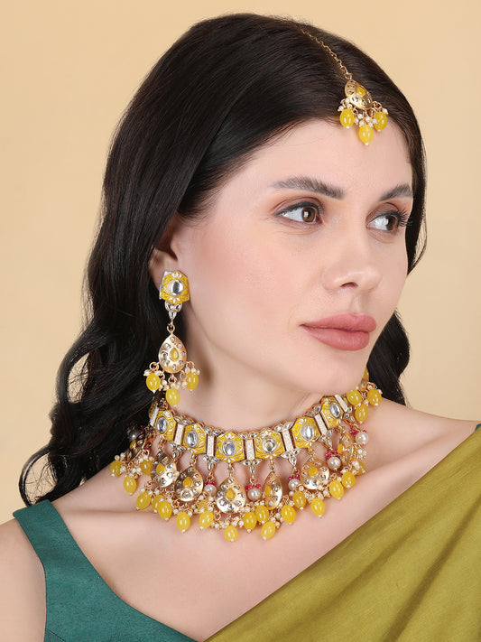 Enamel Coated Yellow Pearls Beaded Kundan Choker Set