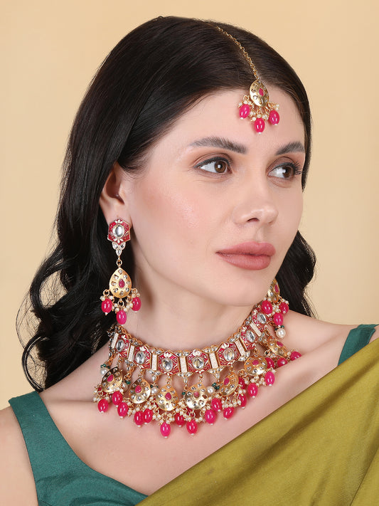 Enamel Coated Pink Pearls Beaded Kundan Choker Set