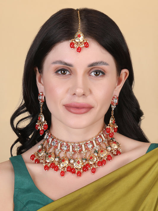 Enamel Coated Red Pearls Beaded Kundan Choker Set