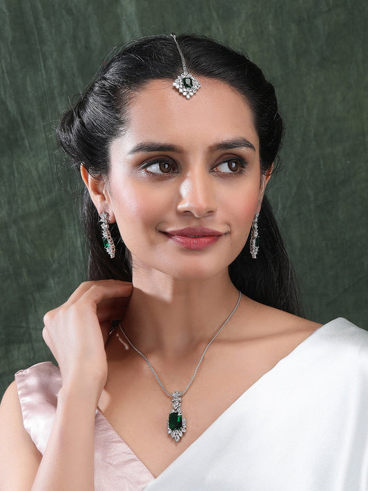 Silver Plated Green Square AD CZ Studded Leaf Pendant Set With Earrings and Maangtika