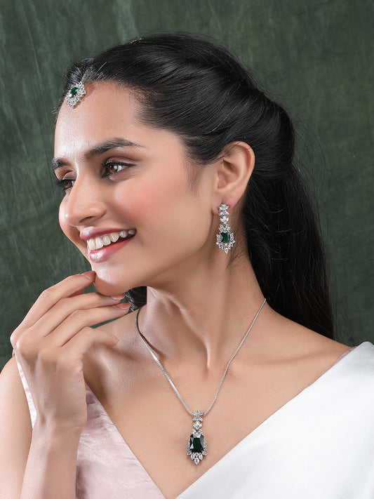 Silver Plated Green Square AD CZ Studded Leaf Pendant Set With Earrings and Maangtika