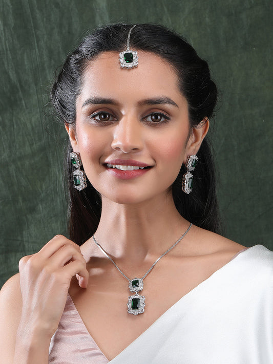 Silver Plated Green Square CZ Big Pendant Set With Earrings and Maangtika