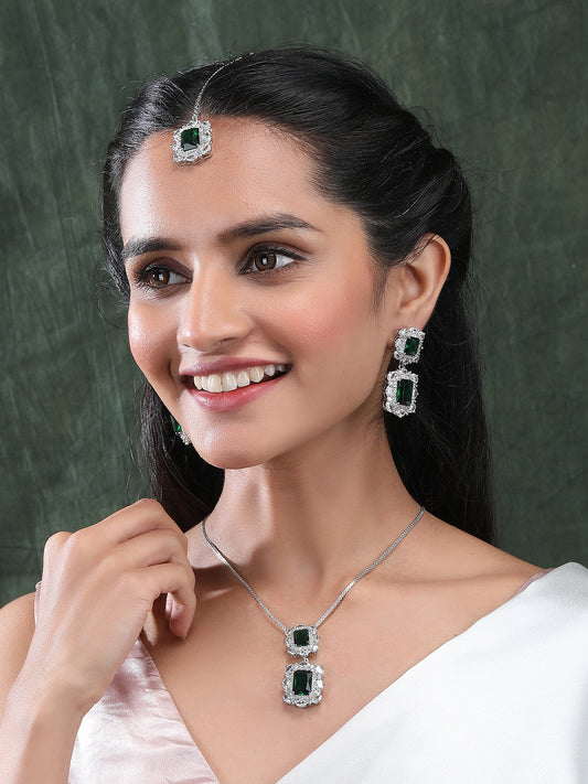 Silver Plated Green Square CZ Big Pendant Set With Earrings and Maangtika
