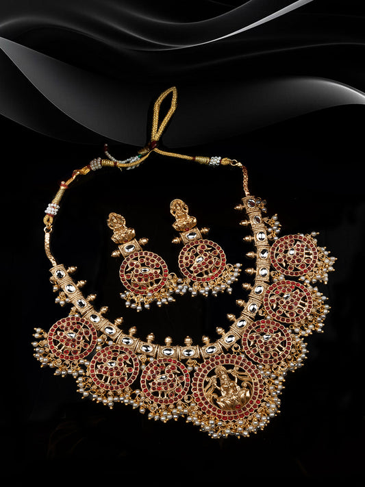Gold Plated Red Temple Pusa Beads Necklace Set