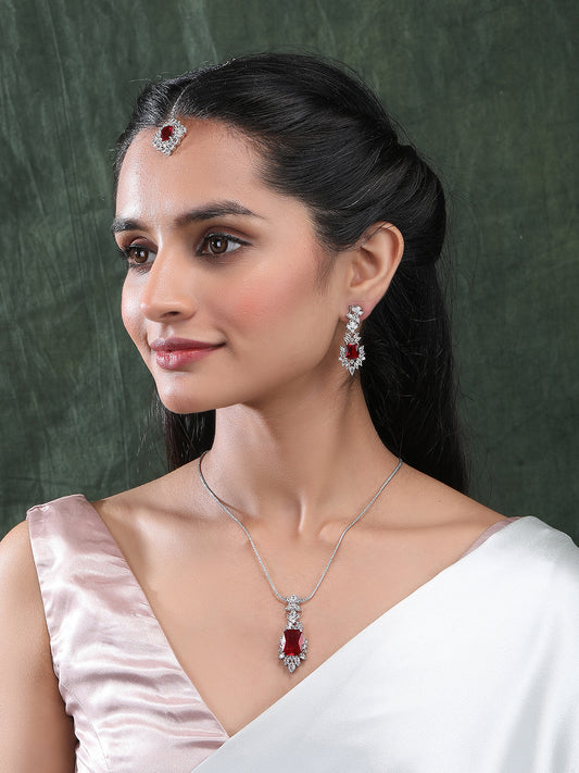 Silver Plated Red Square AD CZ Studded Leaf Pendant Set With Earrings and Maangtika