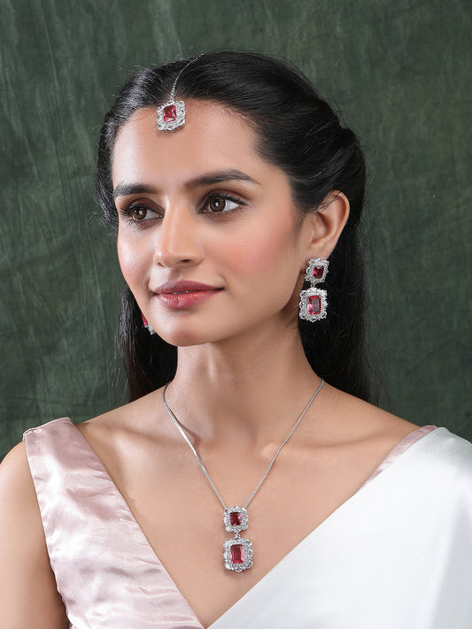 Silver Plated Red Square CZ Big Pendant Set With Earrings and Maangtika