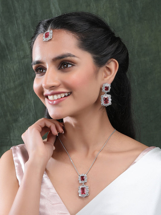Silver Plated Red Square CZ Big Pendant Set With Earrings and Maangtika