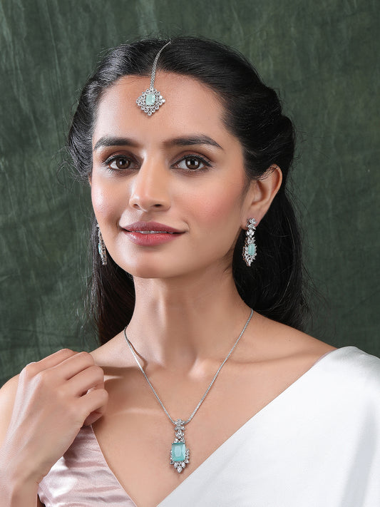 Silver Plated Turquoise Square AD CZ Studded Leaf Pendant Set With Earrings and Maangtika