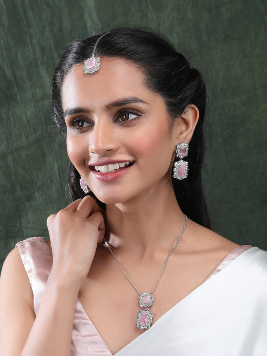 Silver Plated Pink Square CZ Big Pendant Set With Earrings and Maangtika