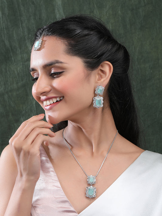 Silver Plated Turquoise Square CZ Big Pendant Set With Earrings and Maangtika