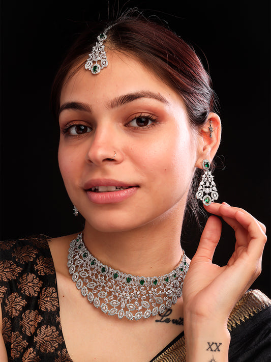 Silver Plated Cubic Zirconia Bridal Necklace with Earrings and Maangtika | Exquisite Wedding Jewelry Set