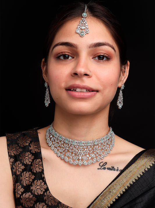 Silver Plated Turquoise Cubic Zirconia Bridal Necklace Set | Exquisite Wedding Jewellery Set