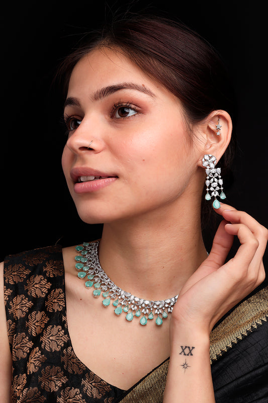 Elegant Silver Plated Turquoise Cubic Zirconia Party Wear Handcrafted Necklace Set
