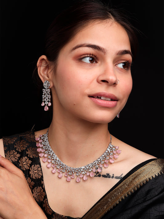 Silver Plated Pink AD and CZ Studded Flower Motif Bridal Necklace Set