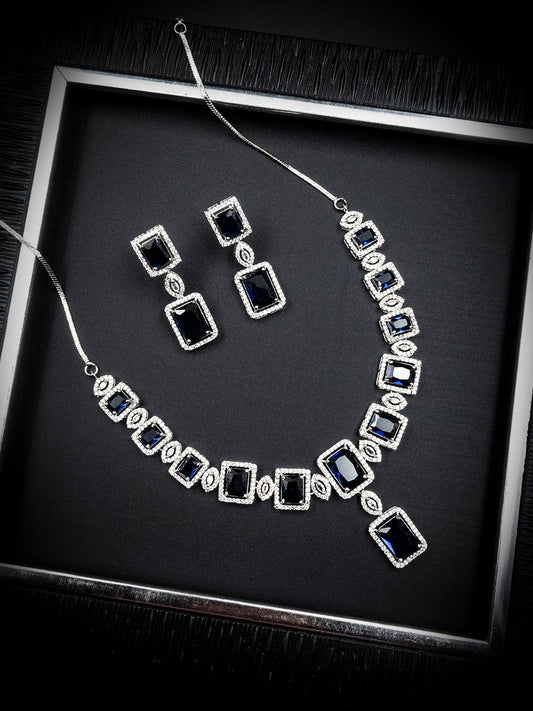Stunning Blue Big Square Cubic Zirconia Necklace Set | Glamorous Jewelry
