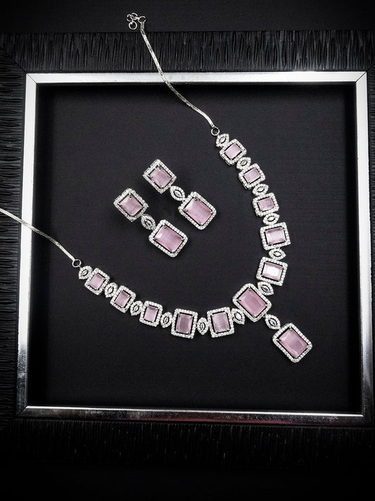 Stunning Pink Big Square Cubic Zirconia Necklace Set | Glamorous Jewelry