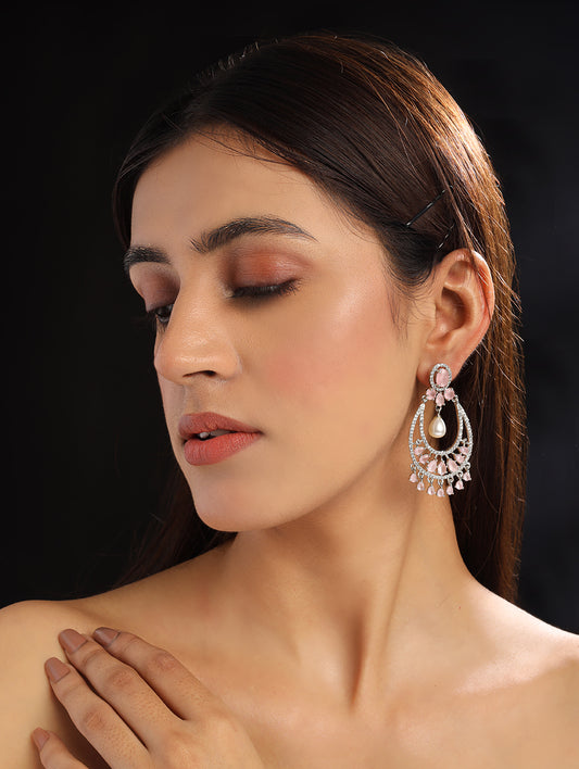 Unique Silver Pink Studded American Diamond Drop Earrings - Shop Now!