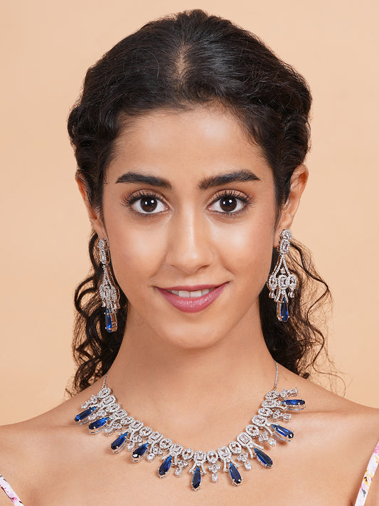 Sparkling Blue AD Necklace and Long Earrings Set