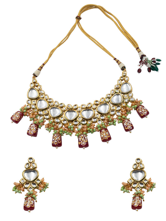 Handcrafted Kundan Red Droplet Beads Necklace Set