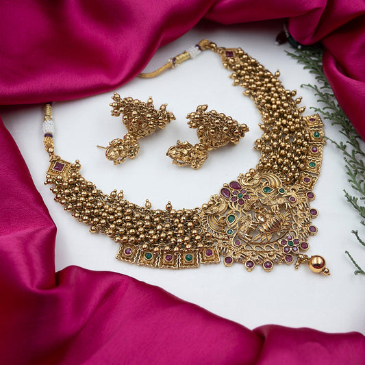 Exquisite Gold-Plated Temple Hydra Beads Necklace Set - A divine blend of tradition and elegance. Elevate your style with this stunning piece from SileAdda.