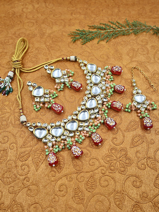 Handcrafted Kundan Red Droplet Beads Necklace Set
