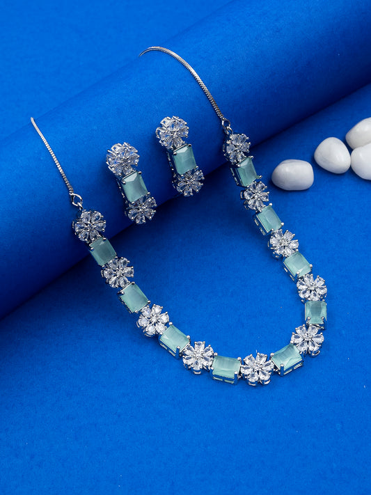 Exquisite Turquoise Flower Motif CZ Sleek Necklace Set
