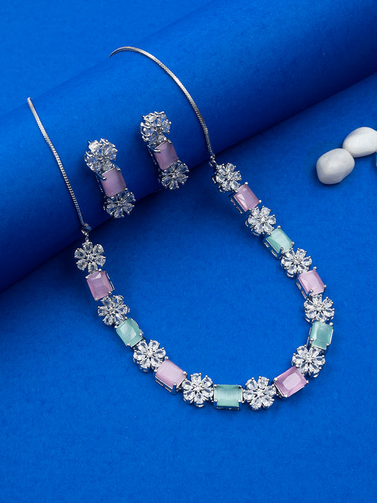 Exquisite Multicolor Flower Motif CZ Sleek Necklace Set