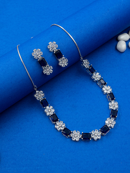 Exquisite Blue Flower Motif CZ Sleek Necklace Set