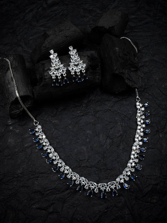 Vintage Inspired Sleek Silver Plated Blue Cubic Zirconia Statement Necklace Set