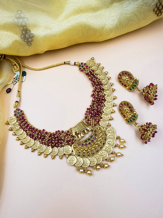 Unique Gold Plated Gajanan Red Hydra Beads Necklace Set