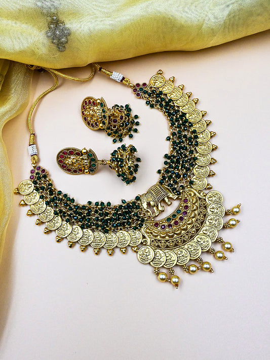 Unique Gold Plated Gajanan Green Hydra Beads Necklace Set