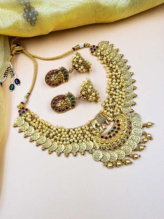 Unique Gold Plated Gajanan White Hydra Beads Necklace Set