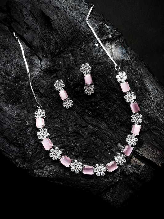 Exquisite Pink Flower Motif CZ Sleek Necklace Set
