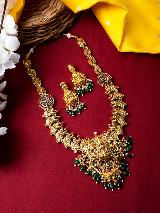 Exquisite Green Beads Temple Goddess Long Necklace Set | Handcrafted Indian Jewelry