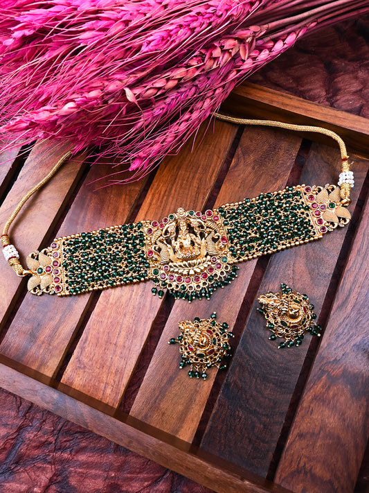 Gold Plated Laxmi Green Hydra Beads Choker Set
