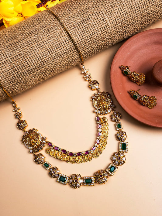 Gold Plated Polki Temple Statement Necklace Set