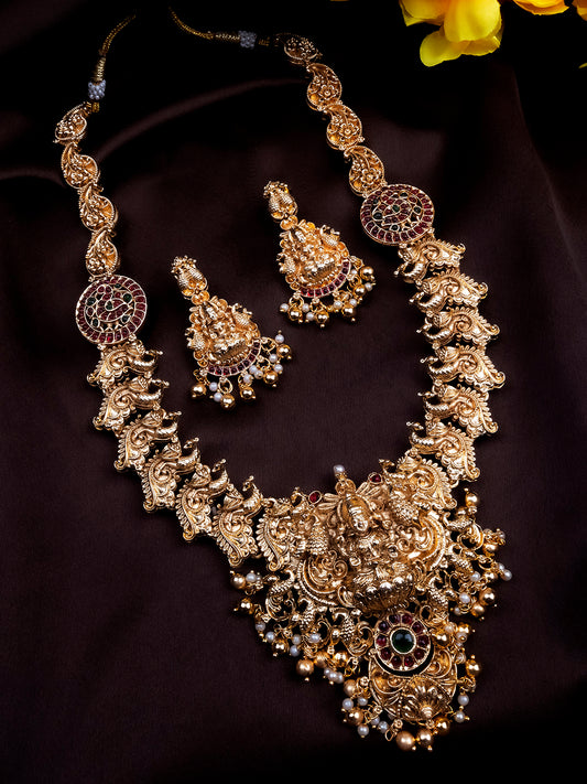 Exquisite Golden Beads Temple Goddess Long Necklace Set | Handcrafted Indian Jewelry