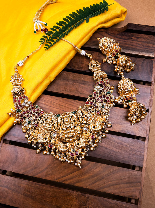 Gold Plated Temple Necklace Set With Jhumkas