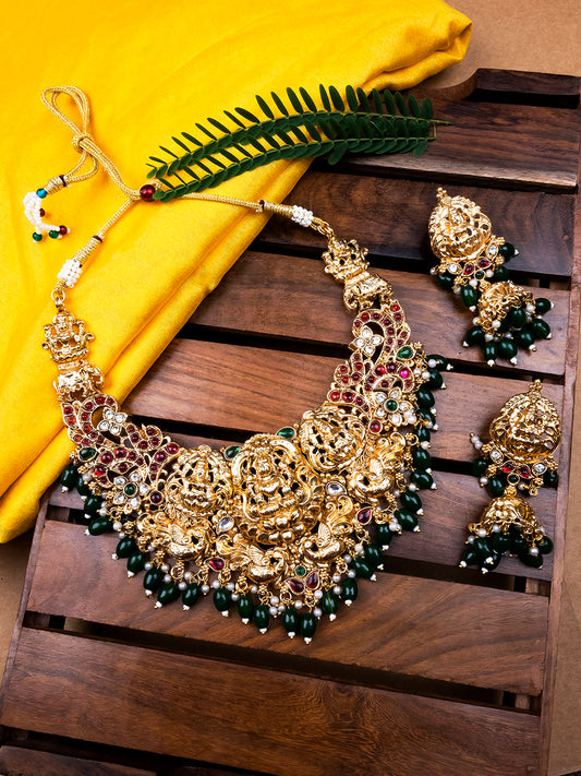 Gold Plated Green Beads Temple Necklace Set With Jhumkas